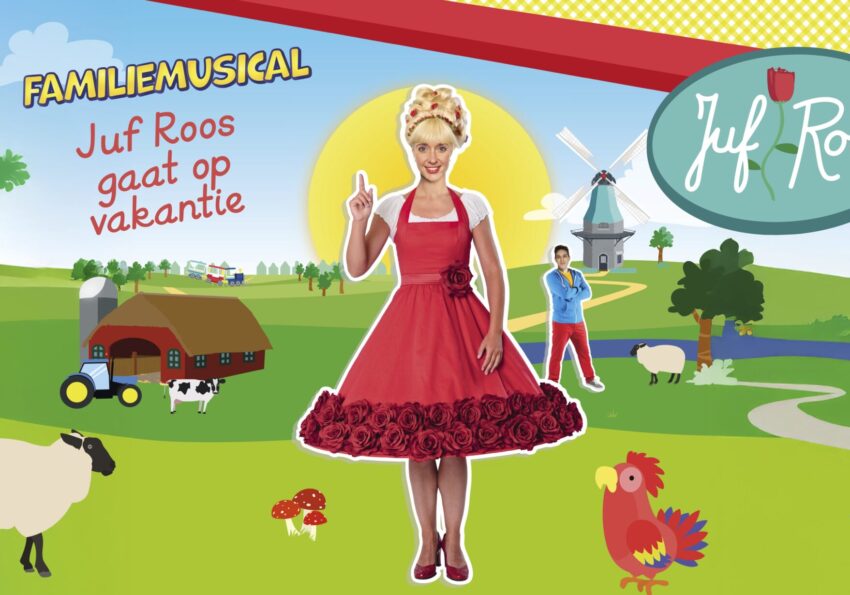 Juf Roos in een weiland met dieren, een molen en Gijs