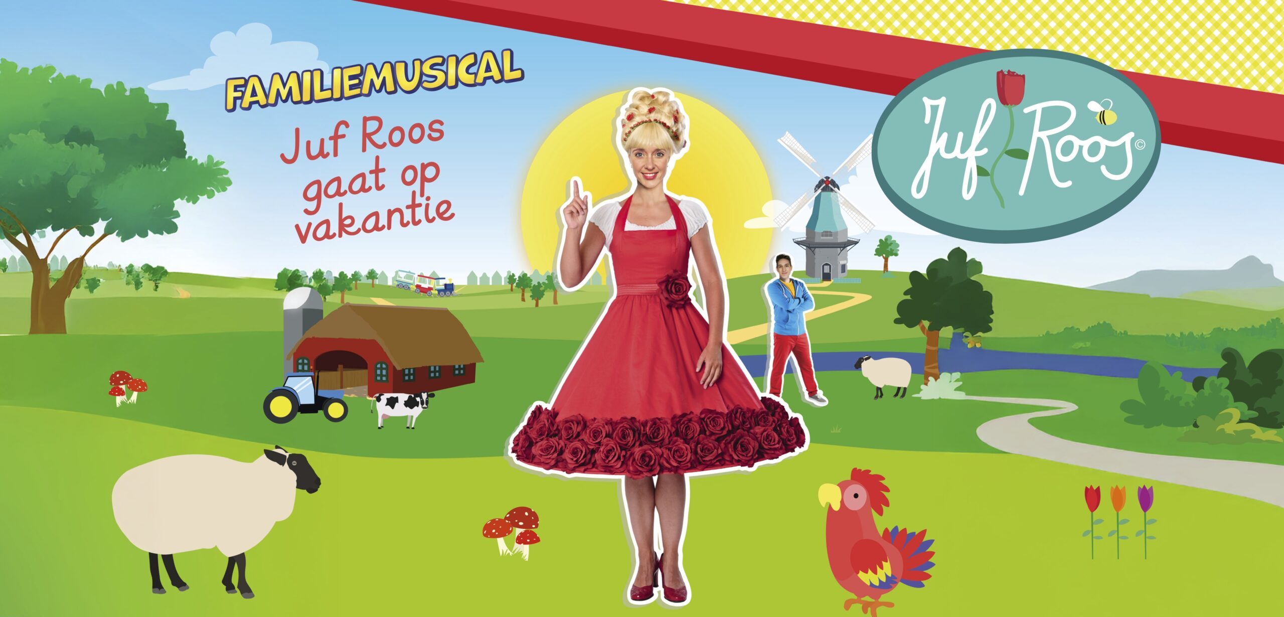 Juf Roos in een weiland met dieren, een molen en Gijs