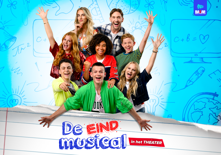 De cast van de theatervoorstelling De Eindmusical