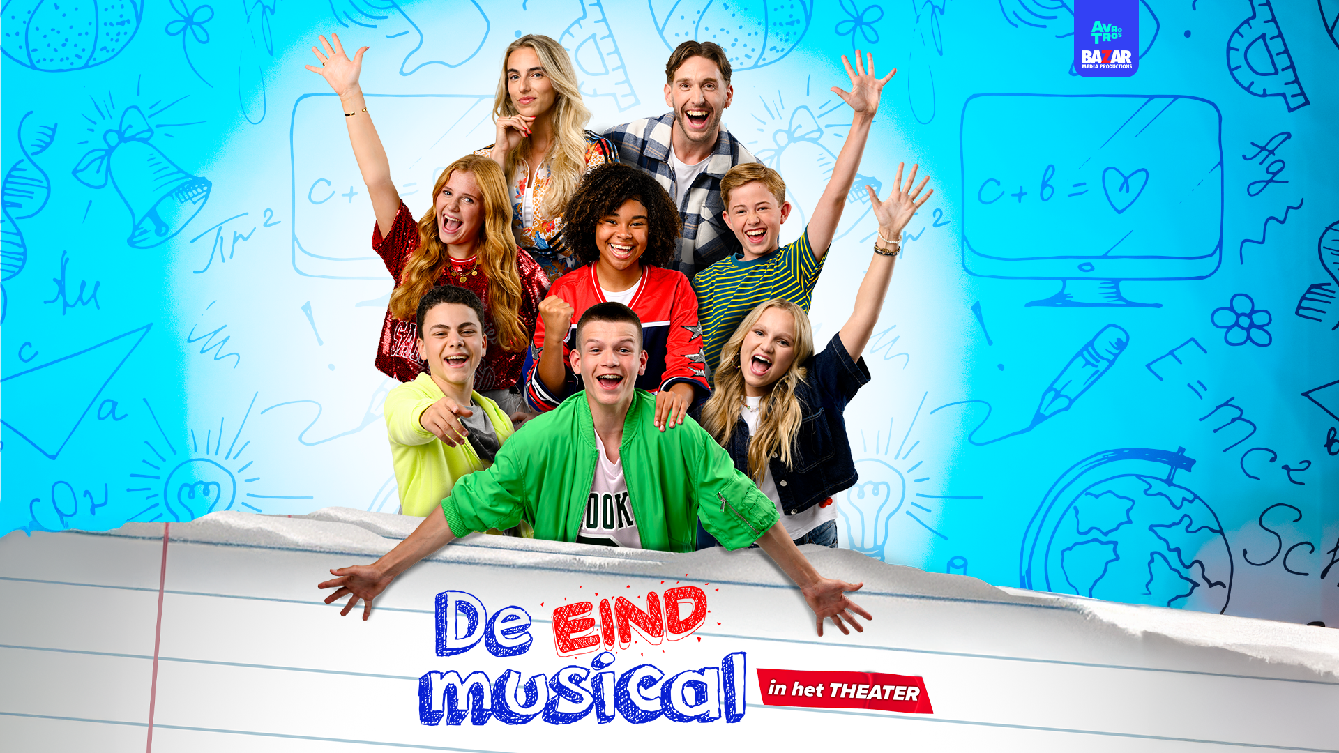De cast van de theatervoorstelling De Eindmusical