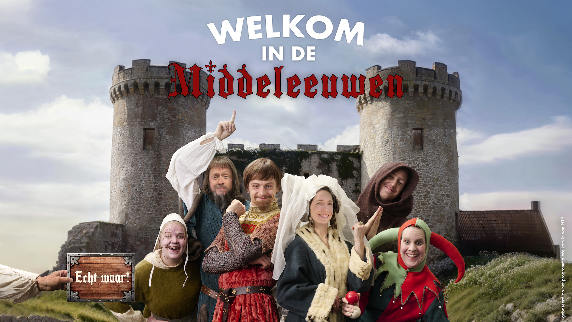 castleden in middeleeuwse kleding met een kasteel op de achtergrond